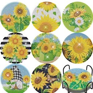 New Handmade Diamond Dots 8 Piece Sunflower Coaster Set With Stand Completed